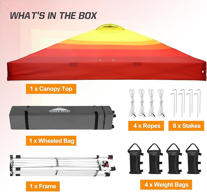 EAGLE PEAK Pop Up Canopy Tent with Wheeled Carry Bag, 8 Stakes, 4 Ropes, 4 Weight Bags, Easy Set Up