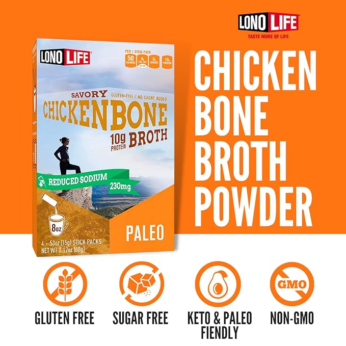 LonoLife Reduced Sodium Chicken Bone Broth Powder Mix | 10g Protein | Collagen-Rich, Keto & Paleo