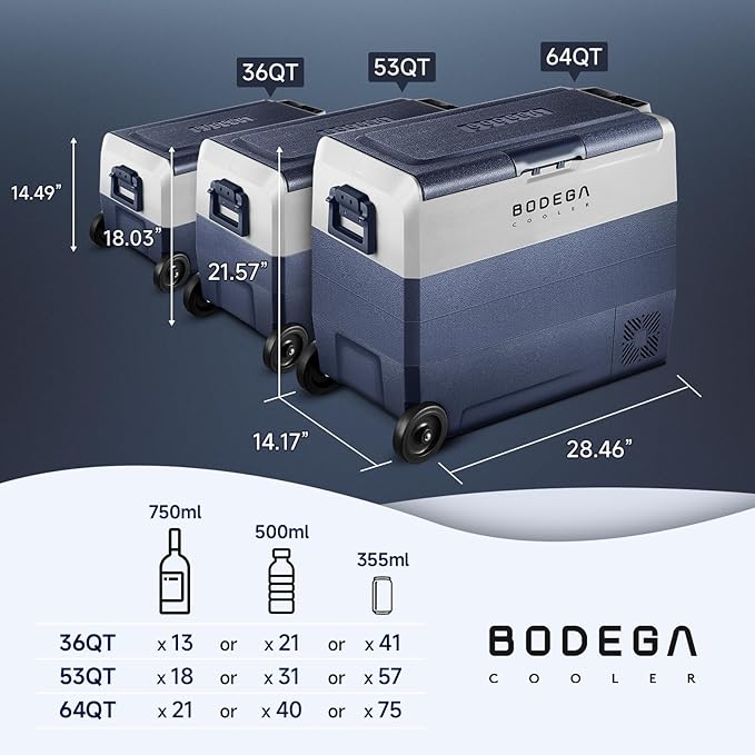 BODEGACOOLER 12 Volt Portable Refrigerator,53 Quart Car Fridge Dual Zone -4℉-68℉,50L Car Freezer