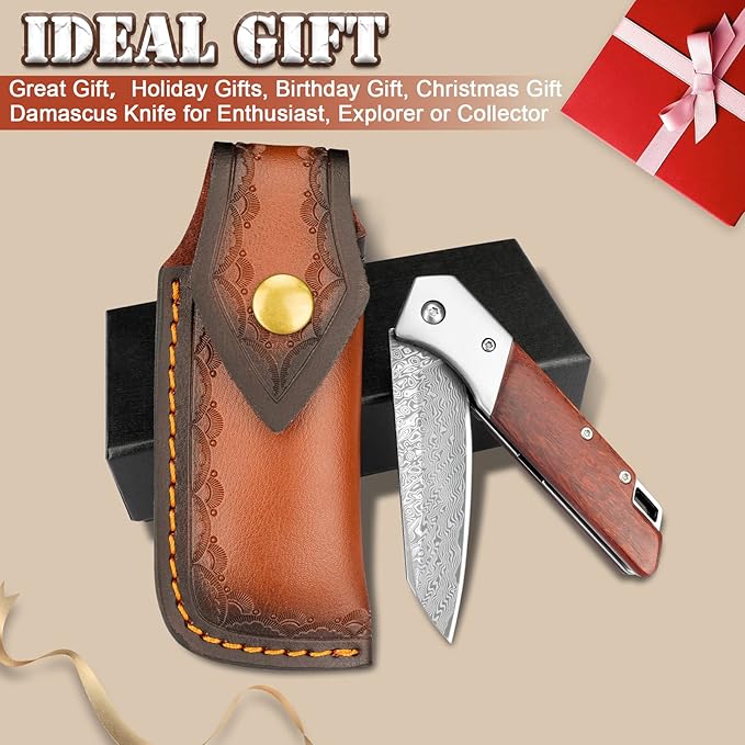KOMWERO Damascus Pocket Knife with Clip Leather Sheath, 3.14 inch Sharp Damascus Steel Knife with