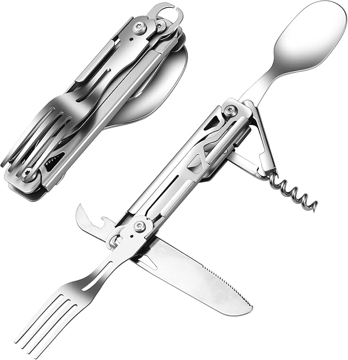Camping Utensils, 6-In-1 Detachable Stainless Steel Camping Flatware Multi-tool kits with Spoon