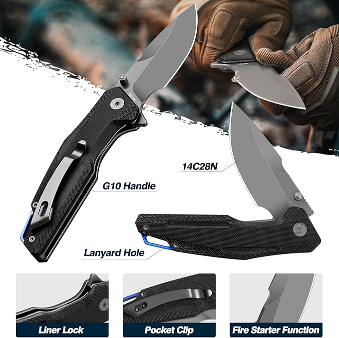 FINTISO Pocket Knife, 3.26" Premium 14C28N Blade G10 Handle with Fire Starter Function, Folding