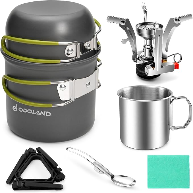 Odoland 8pcs Camping Cookware Mess Kit, Camping Pot and Pan Set with Mini Backpacking Stove