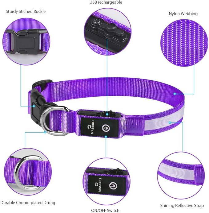 MASBRILL Light Up Collar, LED Rechargeable Glow Flashing Night Collar, Waterproof, 4 Colors, 3