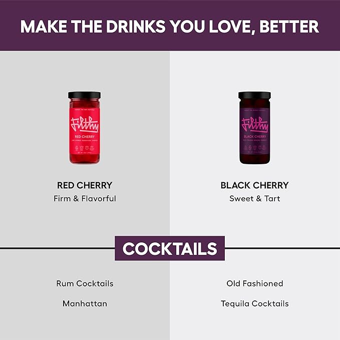 Filthy Cocktail Amarena Black Cherries, Premium Cocktail Garnish, All Natural Wild Italian Amarena