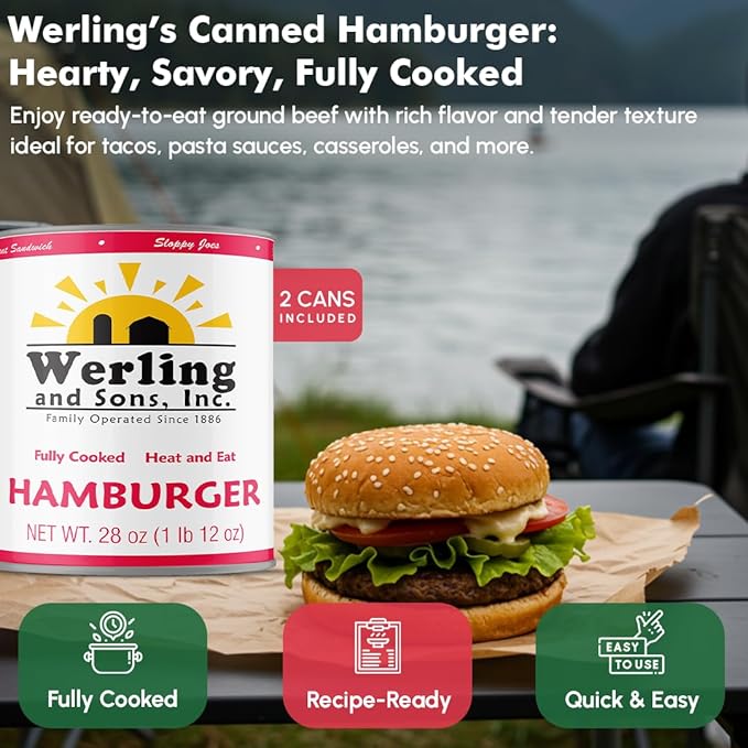 Werling & Sons Canned Meat Variety Pack 28 oz – Fully Cooked & Ready to Eat | 2 Hamburger, 2