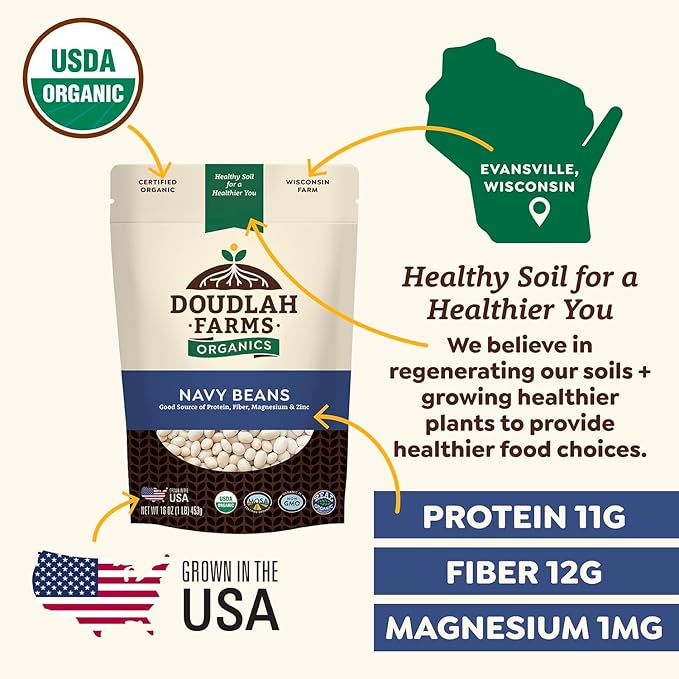 Organic Navy Beans 1 lb - Non-GMO, USDA Organic, Tested Clean Certified, Vegan - Rich in Fiber &