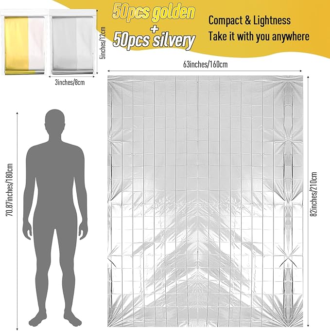 Kanayu 100 Pack Emergency Foil Thermal Blankets for Survival 82 x 63 Foil Space Blanket Kit for