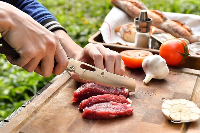 Folding Chef Knife 4.8" Sharp 440A Stainless Steel Blade Wooden Handle Pocket Foldable Japanese