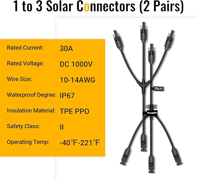 BougeRV Solar Y Branch Connectors Solar Panel Parallel Connectors 1 to 3 Solar Cable Wire Plug Tool