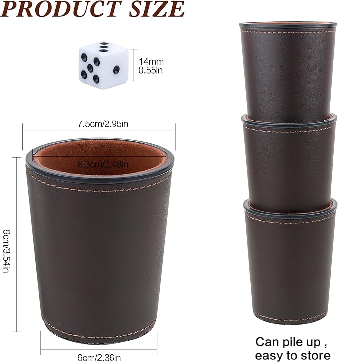 Felt-Lined PU Leather Dice Cup Set, 6 Quiet Dice Shaker Cups with 36 Dices for Bar Party Yahtzee