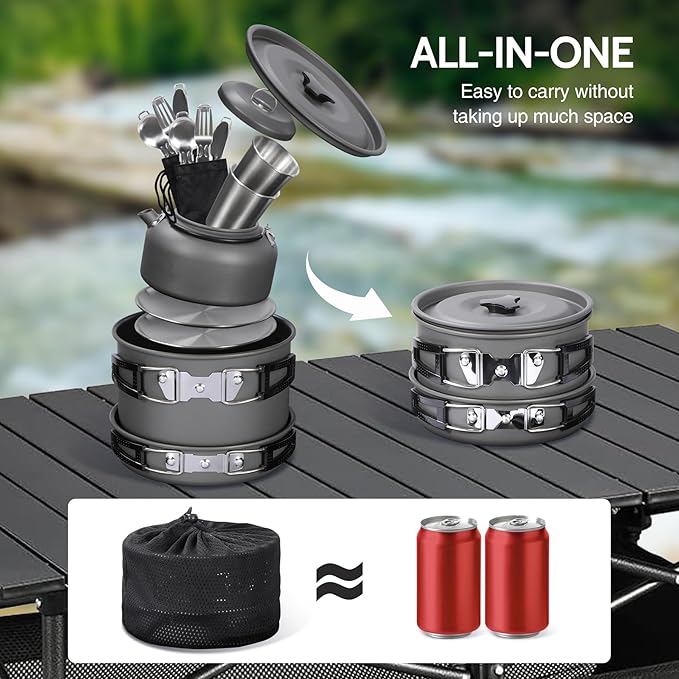 REDCAMP 6/10/11/12/14/15/19 PCS Camping Cookware Mess Kit Camping Gear Campfire Utensils