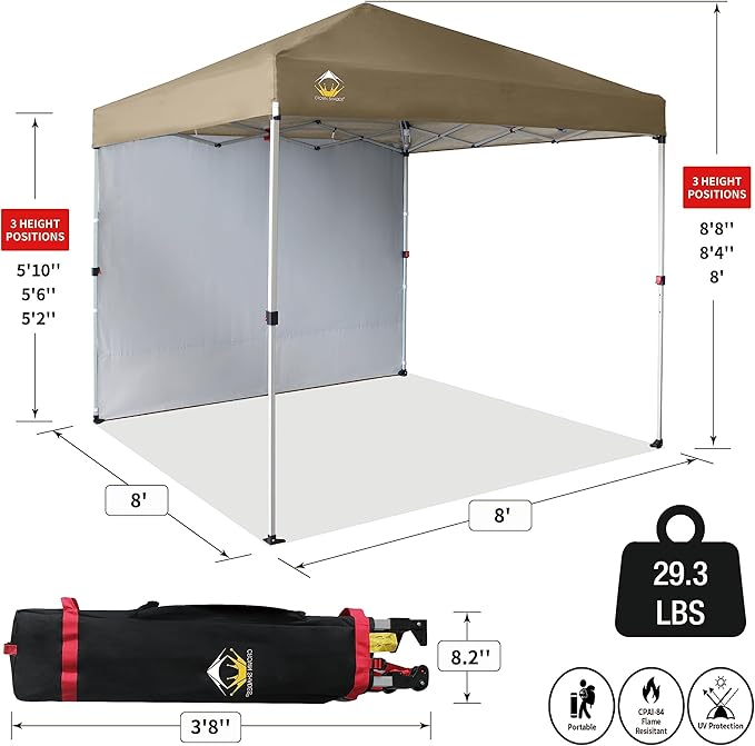 CROWN SHADES 8x8 Pop Up Canopy with 1 Side Wall - Beach Tent with One Push Setup - Outdoor Sun