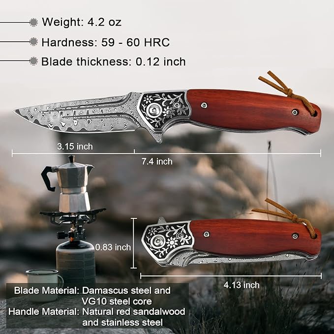 KOMWERO Damascus Pocket Knife, VG10 Damascus Steel Folding Knife with Wood Handle, Leather Sheath