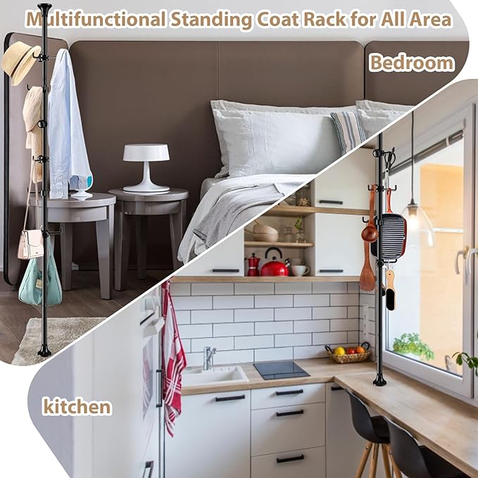 Coat Rack Freestanding, 56 to 125 inch Adjustable Tension Rod Hanger with 12 Hooks for Hanging