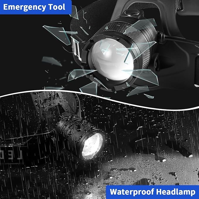 Super Bright Aluminum Headlamp, Rechargeable Headlamp High Lumen L9000, 90° Adjustable Focus Head
