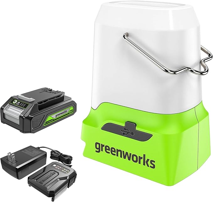 Greenworks 24V Cordless Lantern, Portable 500 Lumens Camping Light with Hook and Two USB Output