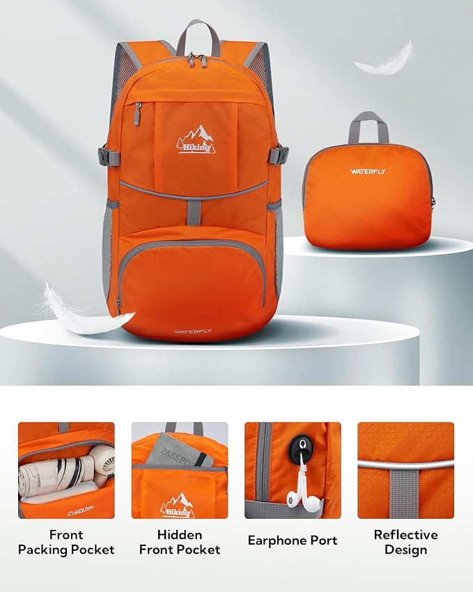 WATERFLY Hiking Foldable Daypack Backpack: 25L Ultra Lightweight Waterproof Day Pack for Woman Man