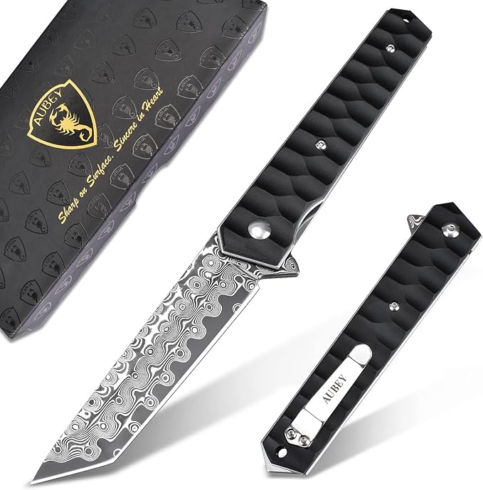 AUBEY Damascus Pocket Knife with Clip, Tanto Blade Damascus Steel Folding Knives for Men Tactical