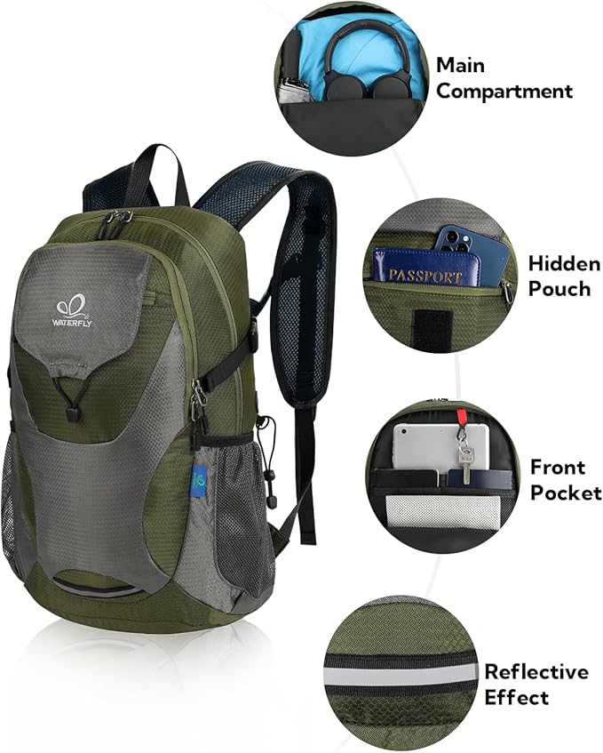 WATERFLY Lightweight Packable Hiking Backpack: 30L Foldable Travel Daypack Ultralight Camping Day