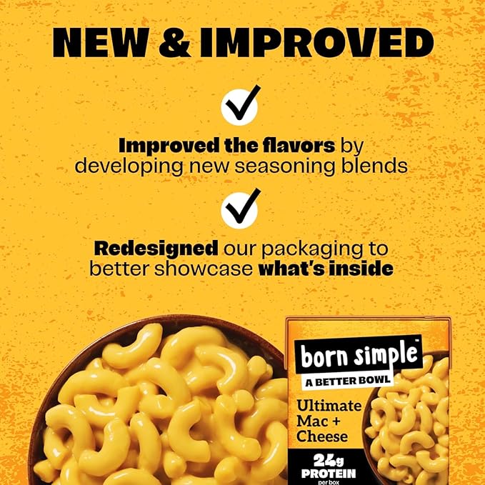 Born Simple Ready to Eat Meals with Sporks, Ultimate Mac and Cheese, Improved Recipe - 24g Protein