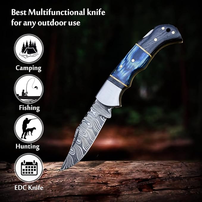 Handmade Damascus Pocket Knife for Men - 6.5 Inches Damascus Folding Pocket Knife with Clip Belt
