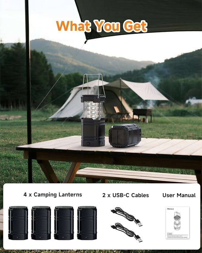 Solar Camping Lantern 4 Pack, Rechargeable LED Lantern with Flashlight, USB-C & Solar Powered