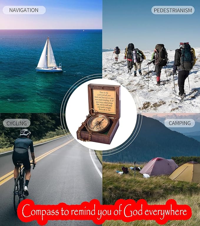 Trust in The Lord With All Your Heart - Proverbs 3:5-6 Quote Engraved Compass With Wooden Box
