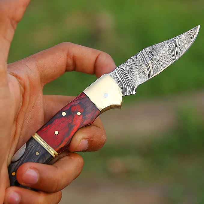 6.5 inch Damascus Pocket Knife with Sheath, Handmade Folding Pocket Knife for Men, Black-Red Wooden