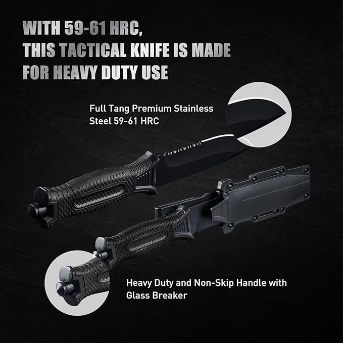 10" Fixed Blade Tactical Knives with Sheath and Clip, Stainless Steel Survival Hunting Bushcraft