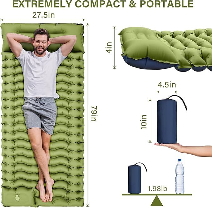 Camping Sleeping Pad, Ultralight Camping Mat with Pillow, Built-in Foot Pump Inflatable Sleeping