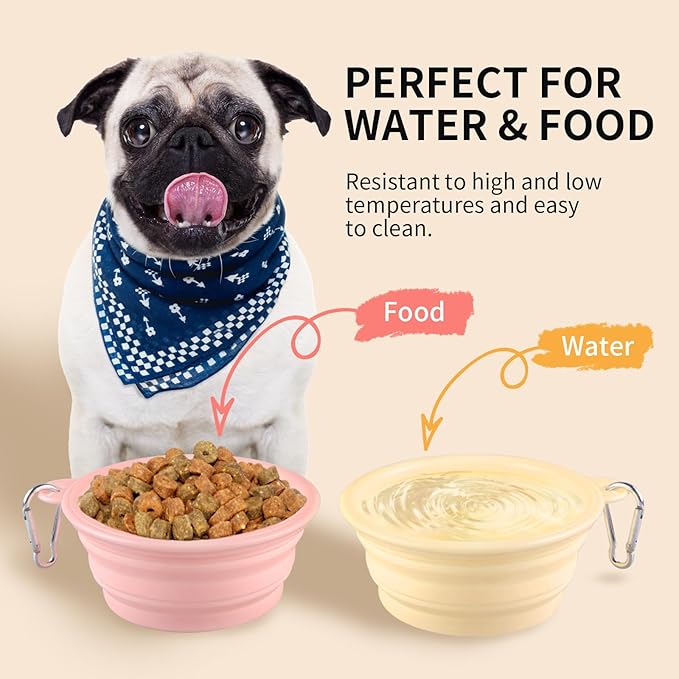 Collapsible Dog Bowls 2-Pack, Portable Travel Dog Bowl with Carabiner, Food-Grade Silicone Pet Bowl