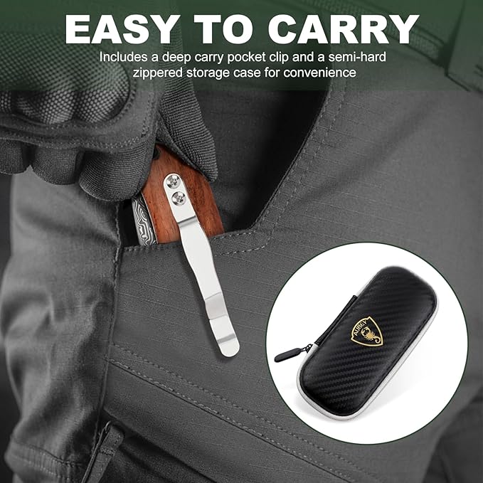 AUBEY Damascus Pocket Knife with VG10 Core, Wooden Handle, EDC Folding Knives for Men Outdoor