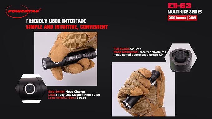 PowerTac E11-G3 2020 Lumen Rechargeable Flashlight, Type-C Charging, IPX8 Waterproof, 6 Modes