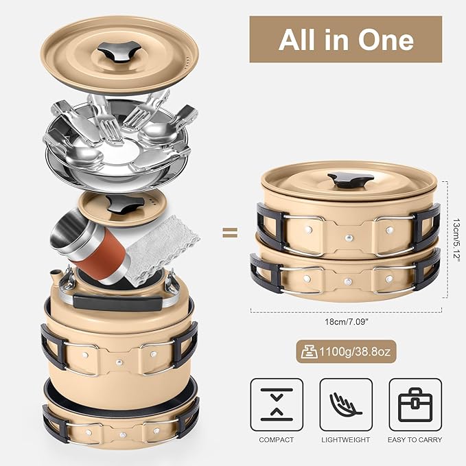 Odoland 15pcs Camping Cookware Mess Kit, Non-Stick Lightweight Pot Pan Kettle Set with Stainless