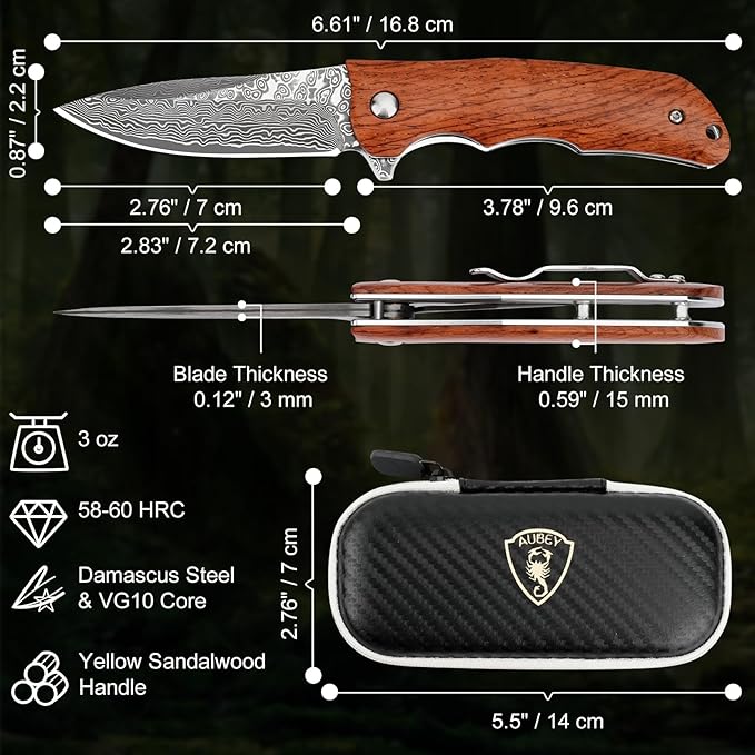 AUBEY Damascus Pocket Knife with VG10 Core, Wooden Handle, EDC Folding Knives for Men Outdoor