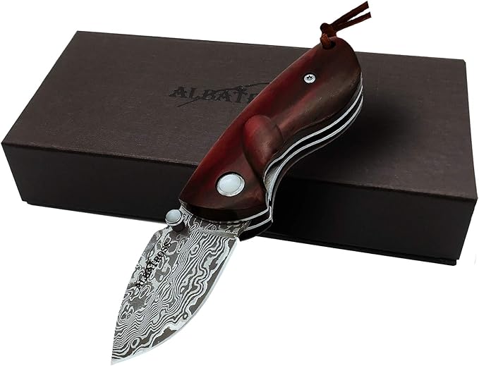 ALBATROSS Mini Pocket Knife - 4.75" Modern Damascus Steel Folding Knife with Red Sandalwood Handle