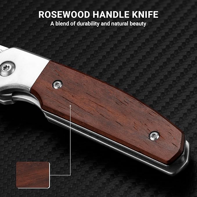 Small EDC Knife 2.8", Pocket Knife D2 Steel Point Blade Wood Handle - flipper Folding Knife for Men