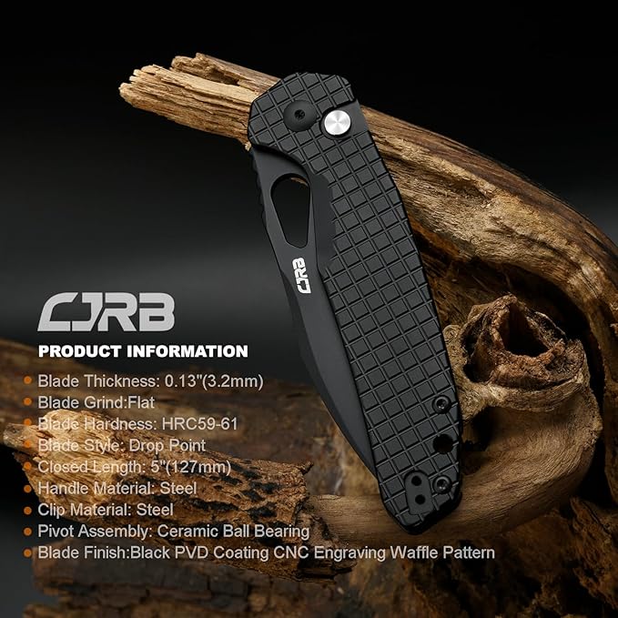 CJRB Frack Pocket Knife, 3.9" AR-RPM9 Steel Blade PVD Coating Frag Pattern Steel Handle EDC Knife