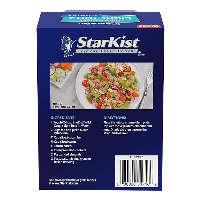 StarKist Chunk Light Tuna in Water, 2.6 oz Pouch (10 Pack) Ready to Eat Wild Caught Tuna, 17g