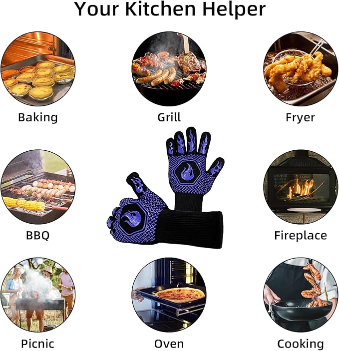 BBQ Fireproof Gloves, Grill Cut-Resistant Gloves 1472°F Heat Resistant Gloves, Non-Slip Silicone