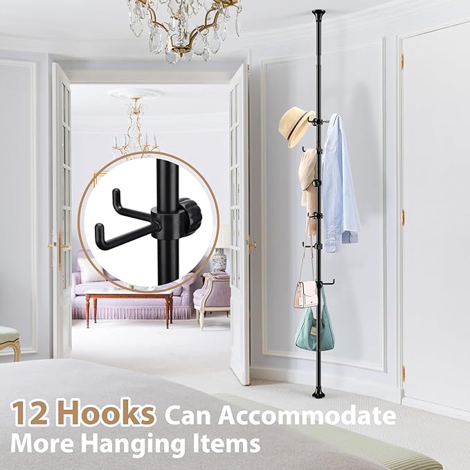 Coat Rack Freestanding, 56 to 125 inch Adjustable Tension Rod Hanger with 12 Hooks for Hanging