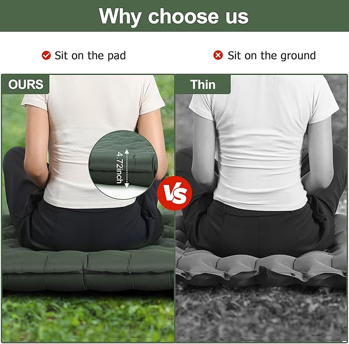 Sleeping Pad for Camping, Ultralight 4.7" Extra-Thick Inflatable Camping Mat with Pillow Built-in