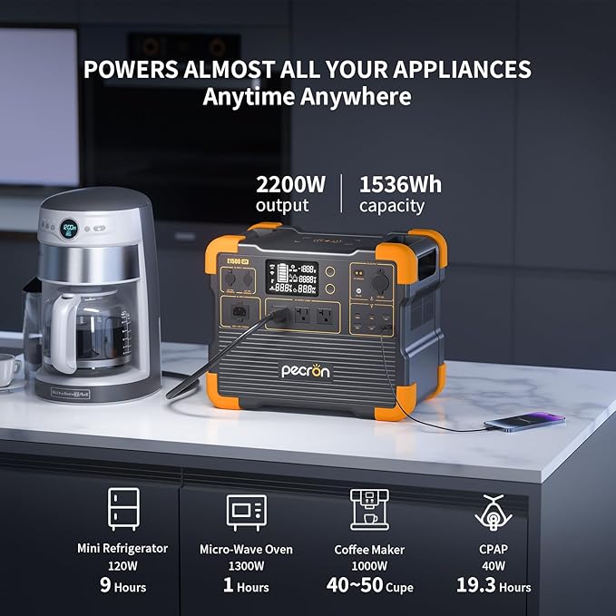 pecron Portable Power Station, E1500LFP Solar Generator 1536Wh, 2200W LiFePO4 Battery Backup, Fast