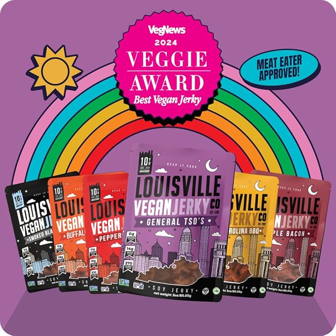 Louisville Vegan Jerky Co. Variety Bundle Vegan Jerky 3 oz. 6 pack (Smoky Carolina BBQ, Buffalo Hot