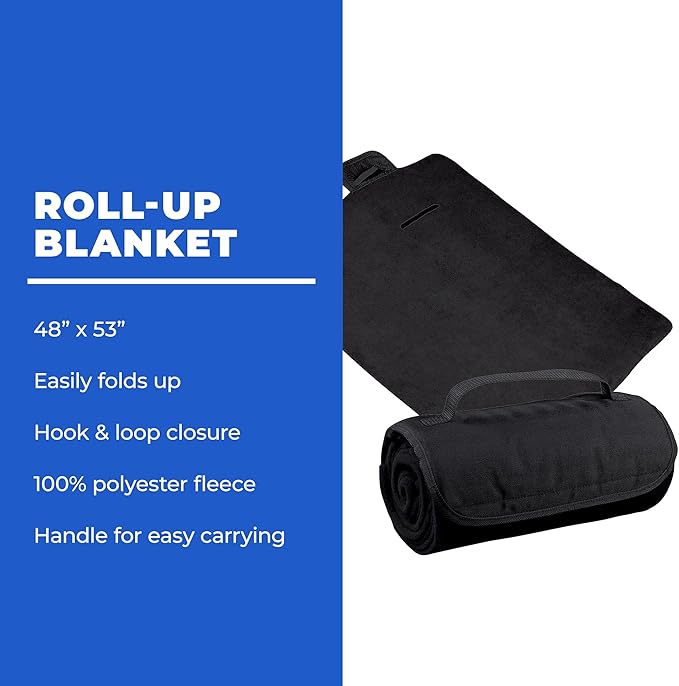 25 Ct of Roll-Up Blankets for Camping, Travel, Outdoors, Beach, Picnics – Black – Hook + Loop