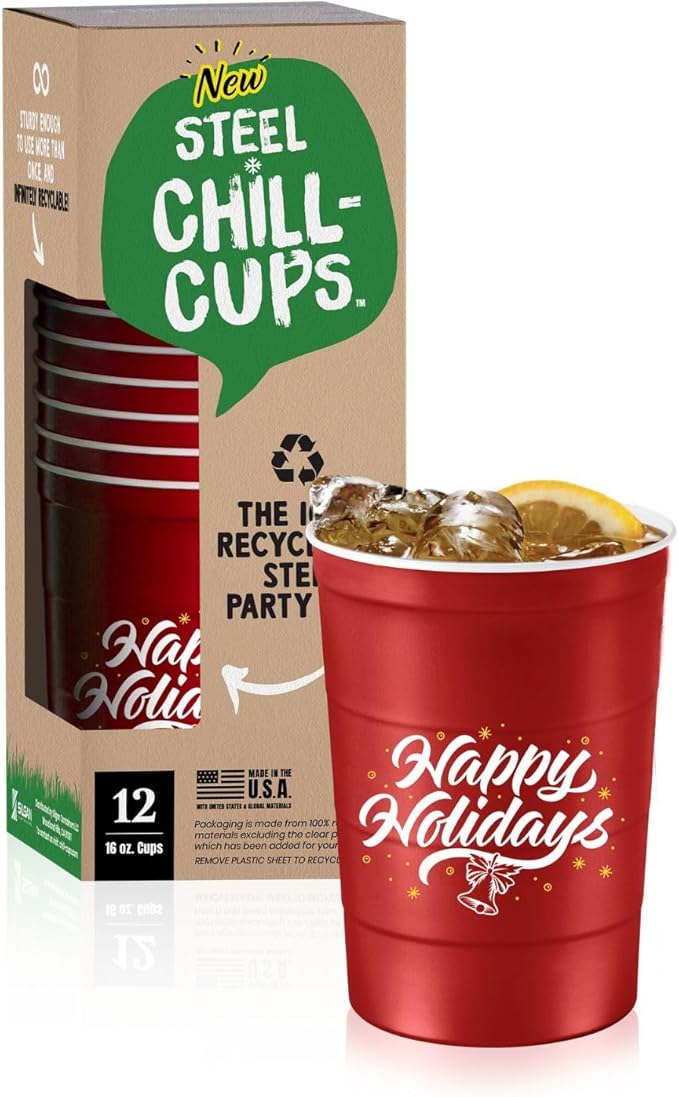 16 oz. Party Cups 'Happy Holidays' Christmas Tree Design for Cold Drinks, Durable, Disposable