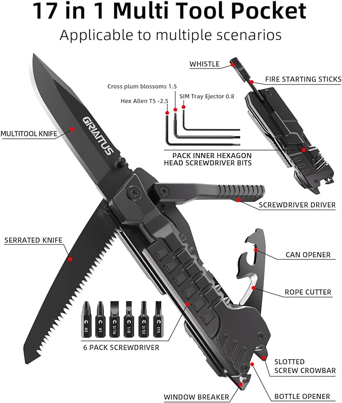 Multitool Knife 17 in 1Fire Starting Sticks, Bottle Opener, Saw Screwdrivers Bottle Opener