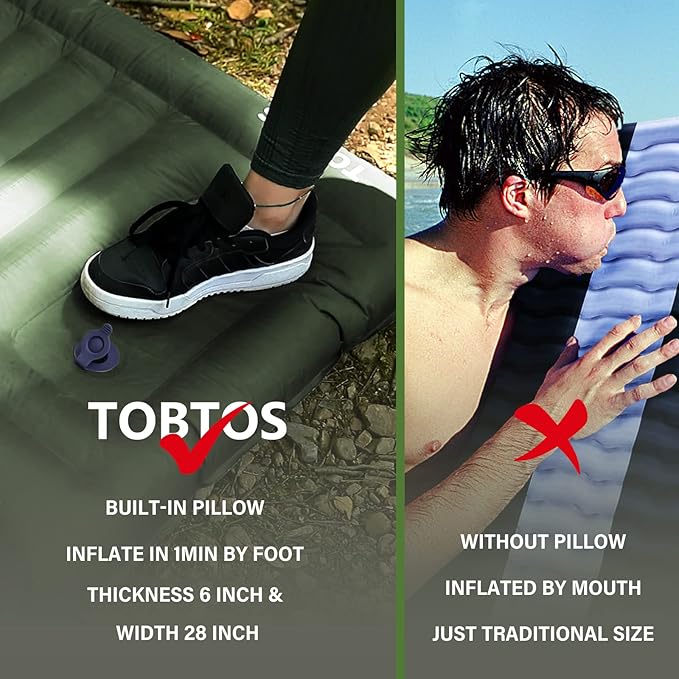 TOBTOS Inflatable Camping Sleeping Pad with Pillow, Thick 6 Inch Ultralight Sleeping Pad with