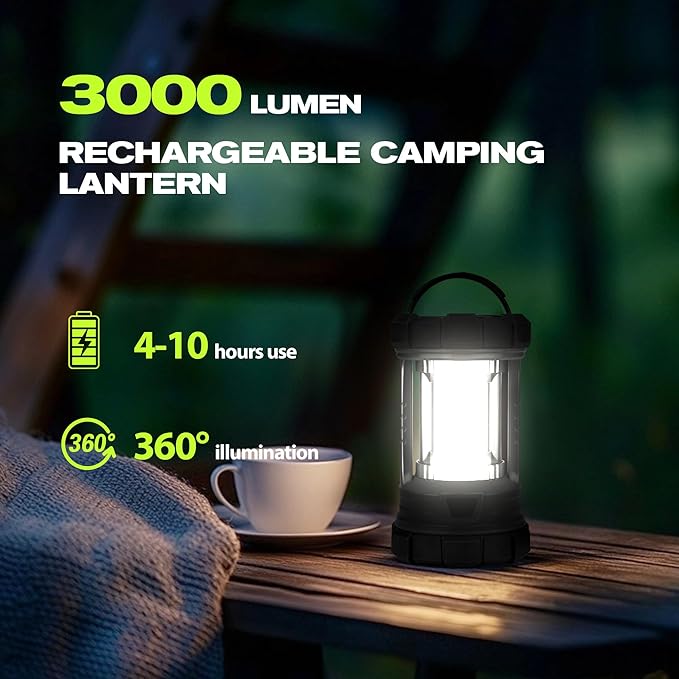 Camping Lantern, 3000LM LED Rechargeable Battery Operated Lantern, 5 Light Modes, COB Waterproof